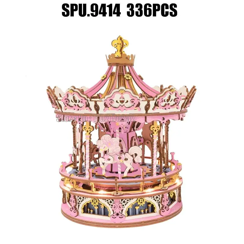 (no Box)336pcs 3d Wooden Puzzle Rotatable Diy Romantic Carousel Game Gift Children Kids Assembly Music Box Toy 6