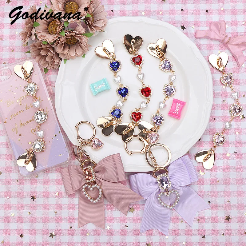 Handmade Japanese Style Heart Shape Rhinestone Bow Phone Pendant Base Mobile Phone Charm Women Sweet Handbag Pendant Keychains stylish keychain chains women keychains for backpack little gifts skating rhinestones bag charm locket