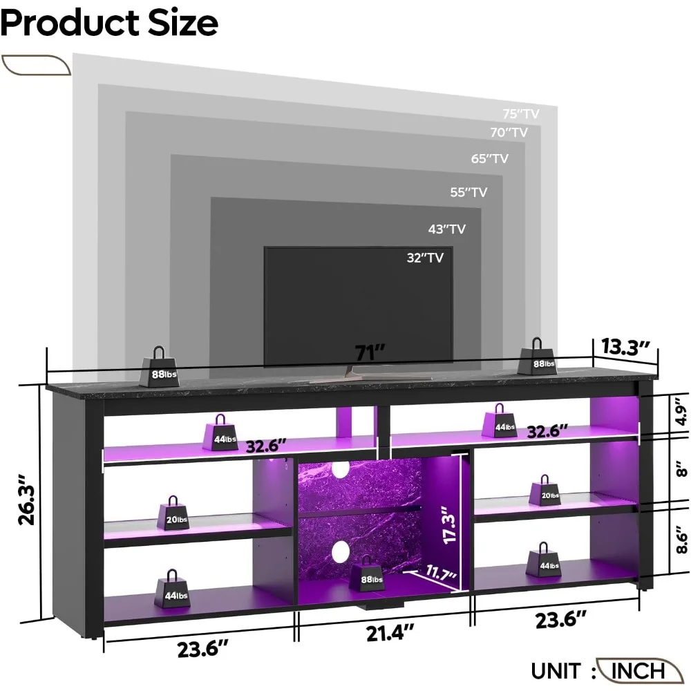 70 Inch TV Stand, Tall LED Entertainment Center for 70/75/80 inch TV, Gaming TV Cabinet with Storage for PS5, Modern TV Console 2