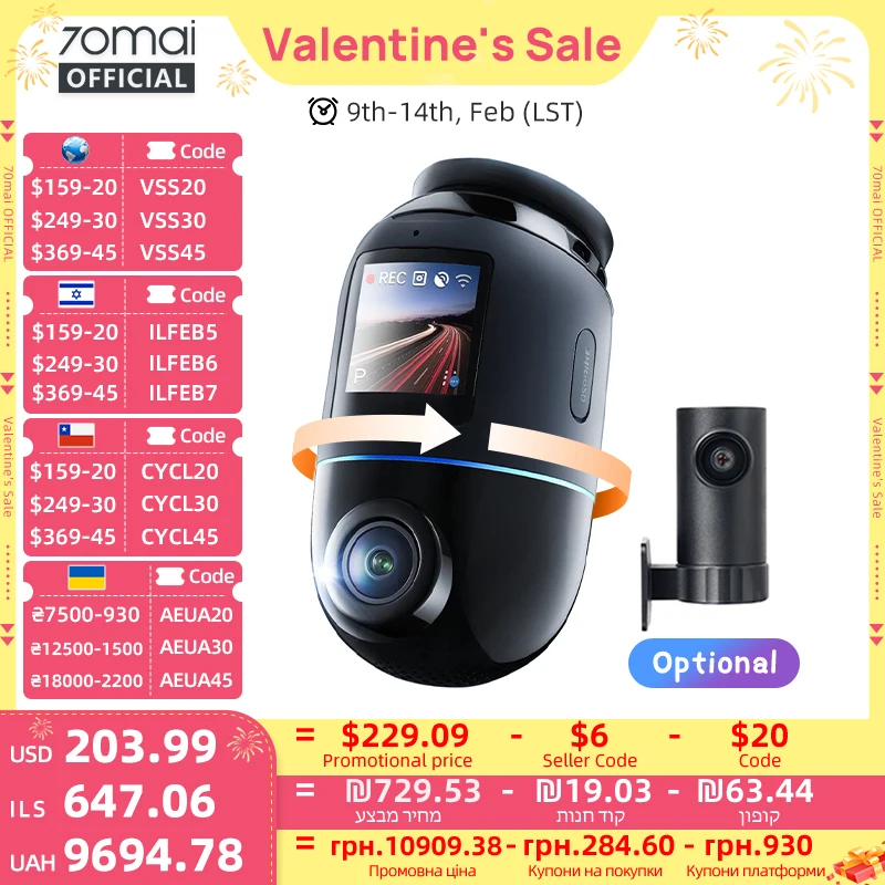 Global Version 70mai Dash Cam 4K Omni X800 360° Rotating Dual