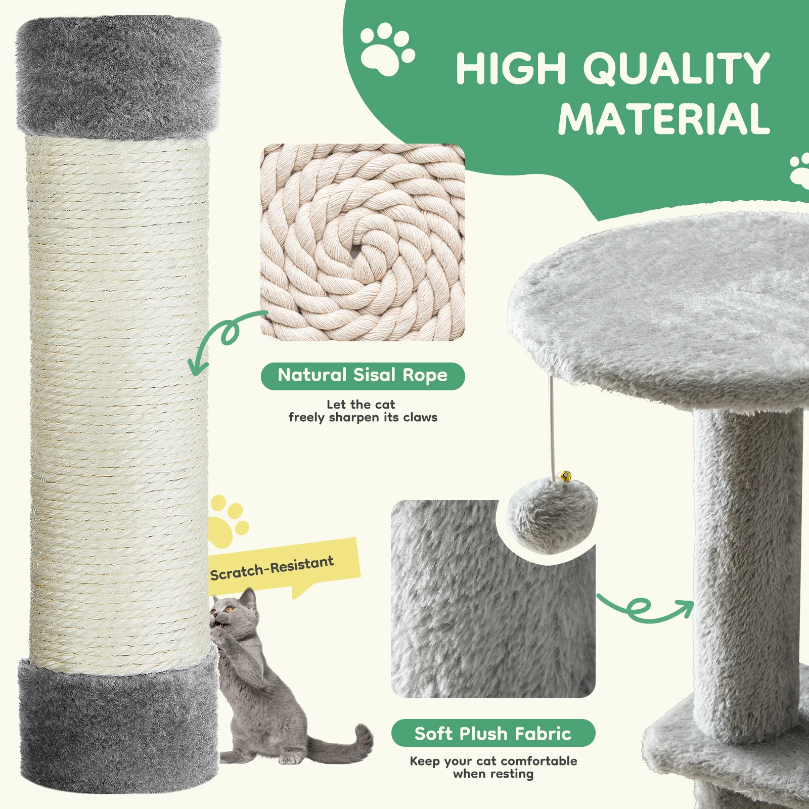 JHK 44in Tall Multi-Cat Climbing Cat Tree Tower for Pet Furniture Natural Sisal Scratching Posts Stable Pet House for Indoor Cat 4
