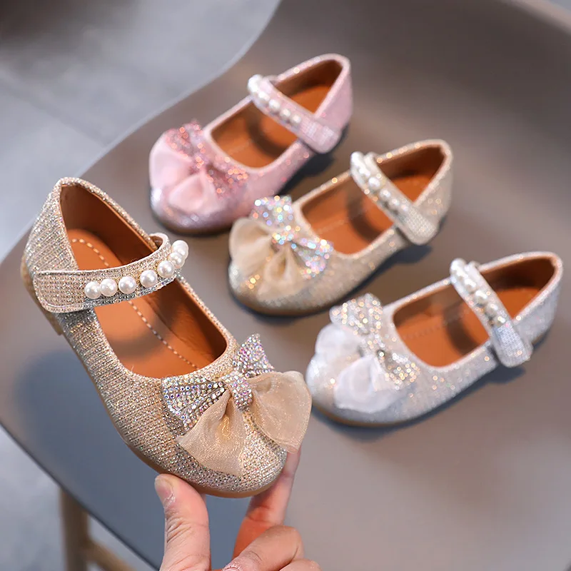 Spring New Girls Leather Shoes Princess Cute Bow Pearl Baby Girl Shoes Soft Bottom Kids Sneakers Toddler SP118