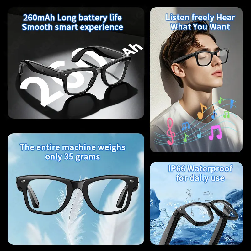 LIGE AI Voice Control Smart Glasses Heart Rate Body Temperature Health Monitor Sports Translation BT Call Music Play Sunglasses