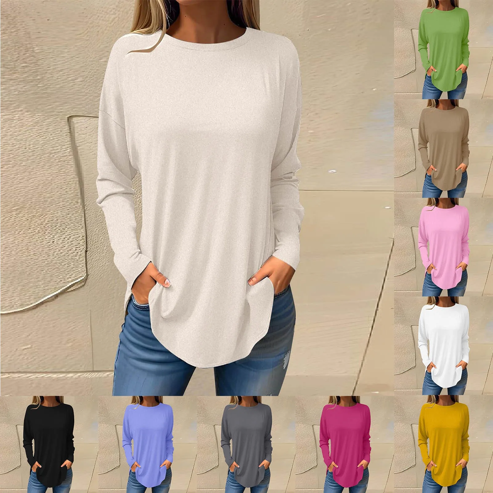 

Women Long Sleeve T Shirts Dressy Tunic Blouses Casual Fall Crewneck Bottom Shirt Plus Size Solid Color Loose Pullover Blusas