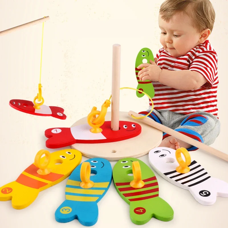 

8Pcs/Set Colorful Wooden Fishing Digital Toys Baby Kids Fish Set Column Blocks Game Children Cute Early Educational Cartoon Toy