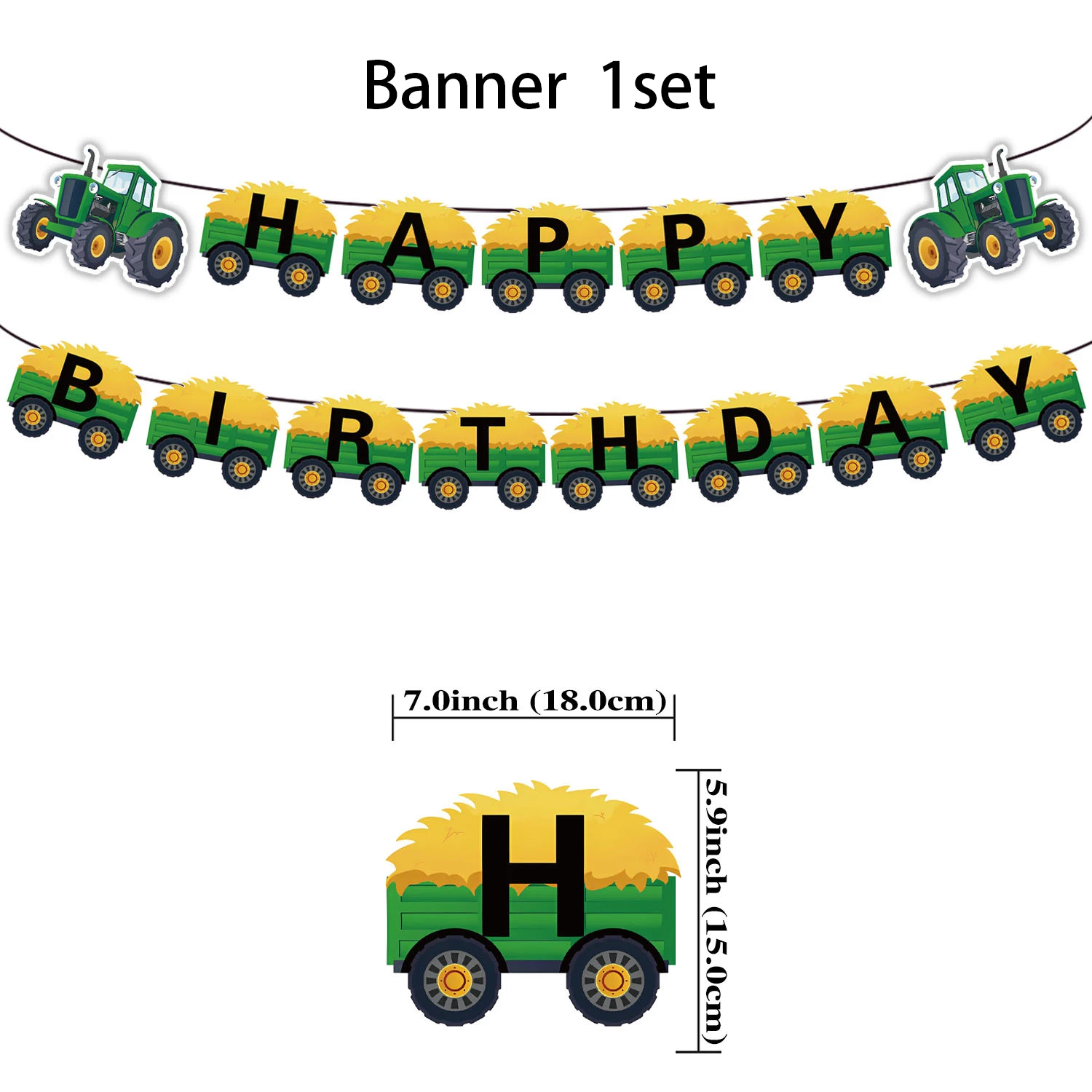 Green Farm Tractor Birthday Party Tableware Set with Banner, Balloons, Cups, Plates, and Napkins