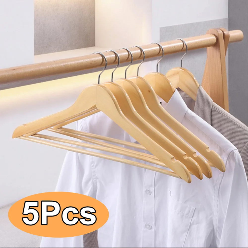 Wood Coat Hangers Smooth Finish Non Slip Pants Bar Rotatable Hook Clothes Jackets Closet Organizers 5Pcs