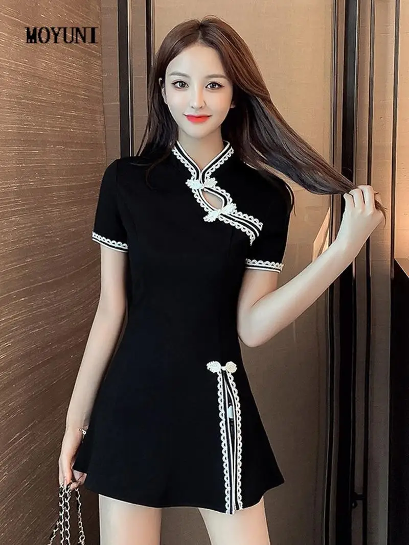 

Slim Stand Short Sleeve Black Cheongsam Dress Split High Waist Street Sexy Retro Hollow Out Robe Femme Goth Evening Party Ropa