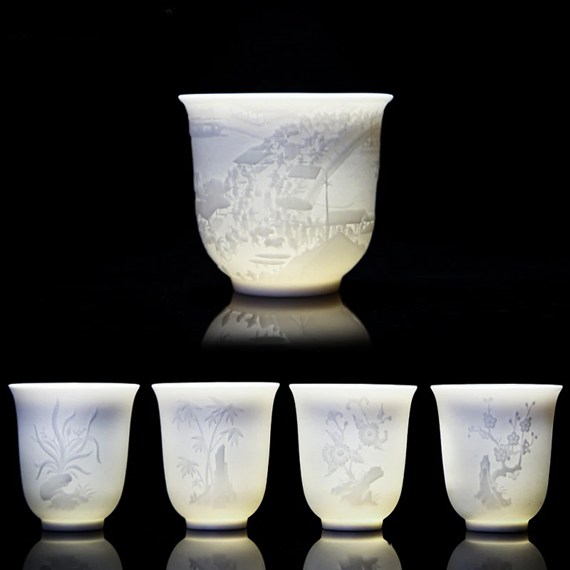 Chinese White Porcelain Tea Cup Hand Three-dimensional Relief Tea Bowl Large Capacity Set Accessories Master Cup