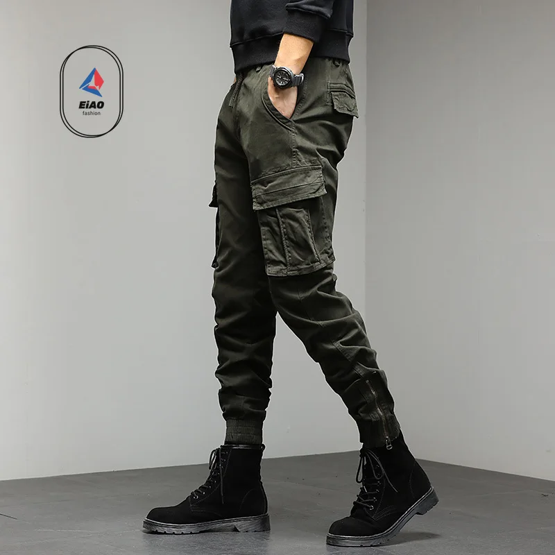 EiAO Summer men's outdoor workwear pants, pure cotton elastic multi pocket casual pants, trendy and versatile long pants