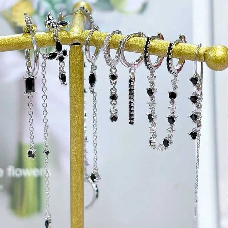 여성을위한  귀 바늘 실버 블랙 지르콘 귀걸이 기하학 귀걸이 패션 하이 쥬얼리 액세서리