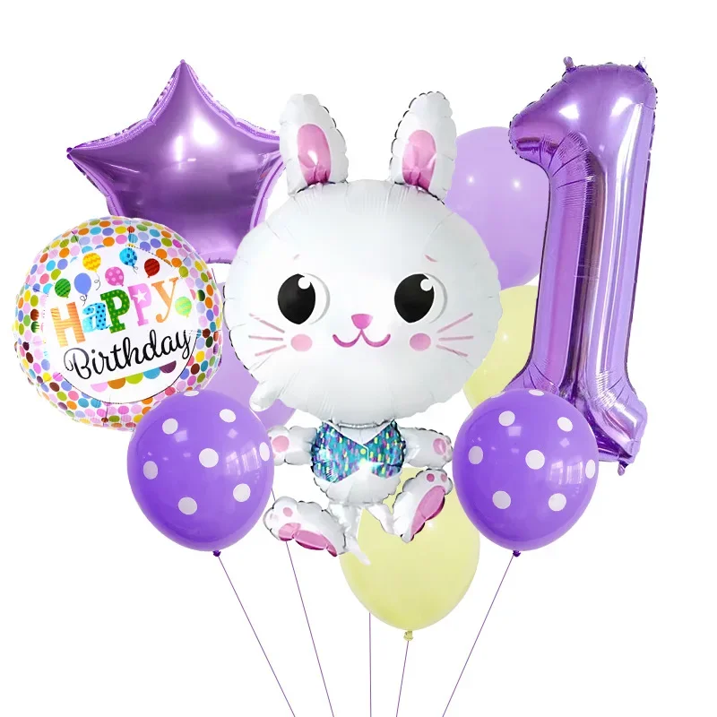 

Фиолетовый мультяшный кролик, набор шаров, кролик, украшение на день рождения, девочка, номер 1, 2, 3, 4, фольгированный шар, украшение на 1-й день рождения
