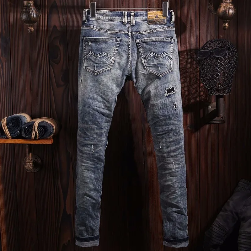 Italian Style Fashion Men Jeans Retro Gray Blue Elastic Slim Ripped Jeans Men Hole Trousers Vintage Designer Denim Pants Hombre