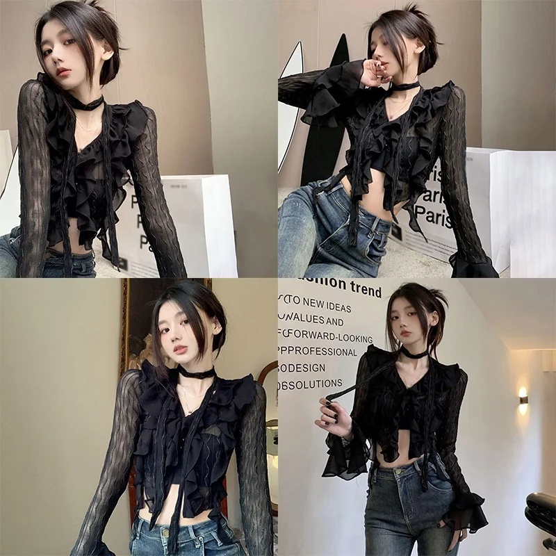 여성용 긴팔 가디건, 짧은 슬리밍 디자인 메쉬 셔츠, 섹시한 통기성 상의