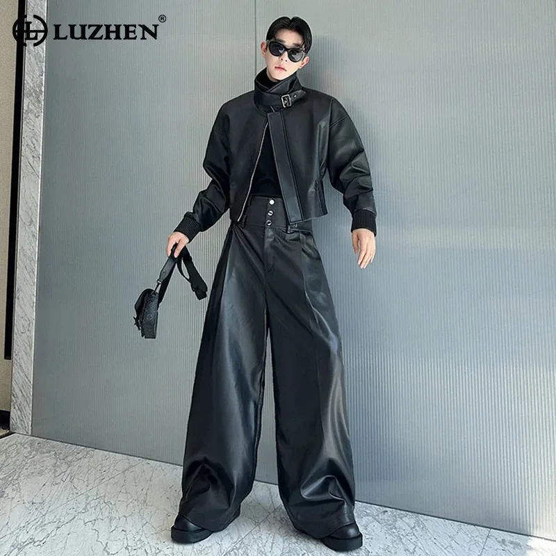 LUZHEN 2025 New Original Niche Design Stand Neck Leather Jacket Men's Fashion Loose Straight Casual Pants Two-piece Sets JY5310