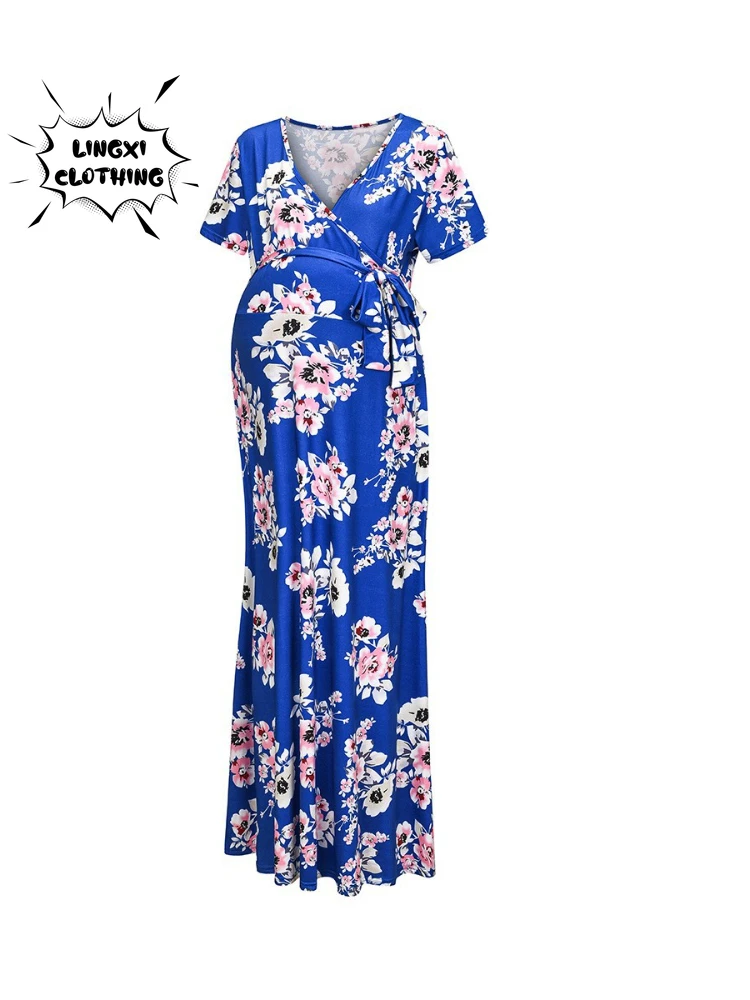 Pregnant Women's Dress Fashion Women's Printed Belt Breastfeeding Short Sleeve Spring/Summer Long Dress womens dresses