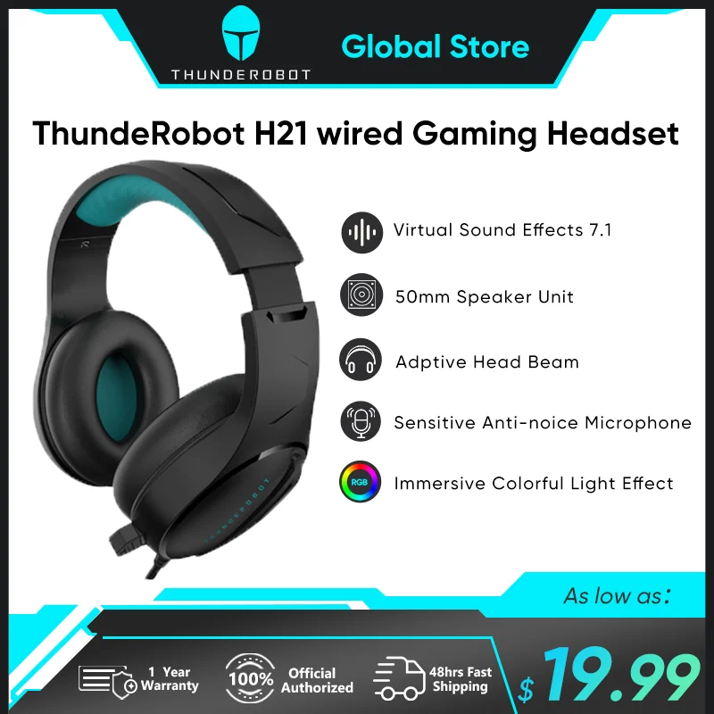 ThundeRobot H21 wired gaming USB headset wheat color RGB phantom light full finger type anti-noise microphone virtual 7.1 sound