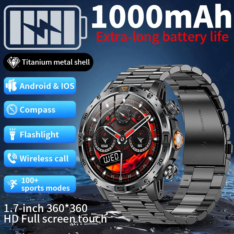 LIGE 2025 New For HUAWEI Xiaomi 1000mAh Smart Watch Men Sports Fitness LED Flashlight Compass IP68 Waterproof BT Call Smartwatch