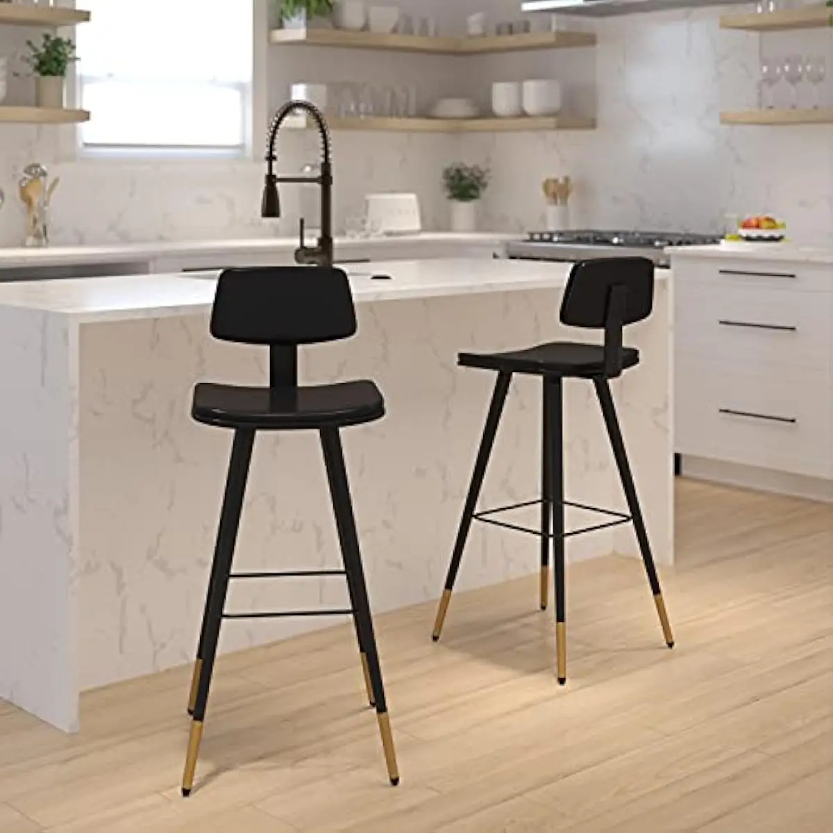 

Commercial Grade Low Back Barstools-Black LeatherSoft Upholstery-Black Iron Frame-Integrated Footrest-Gold Tipped Legs-Set of 2