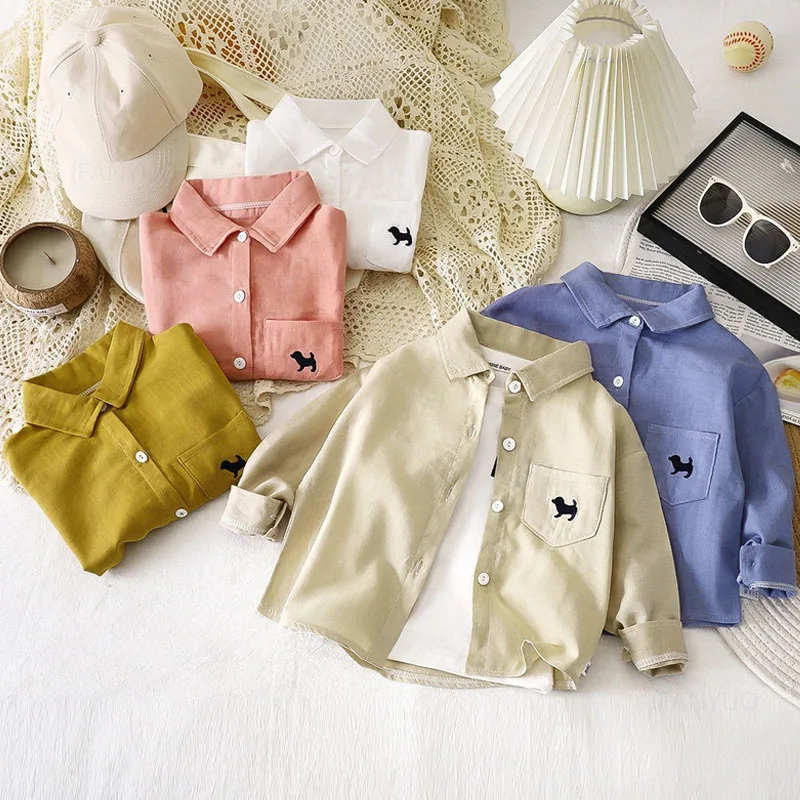 Children Embroidered Dog Shirts New Spring Autumn Boys Pure Cotton Long Sleeved Blouses Fashion Cartoon Collar Childre Cardigan