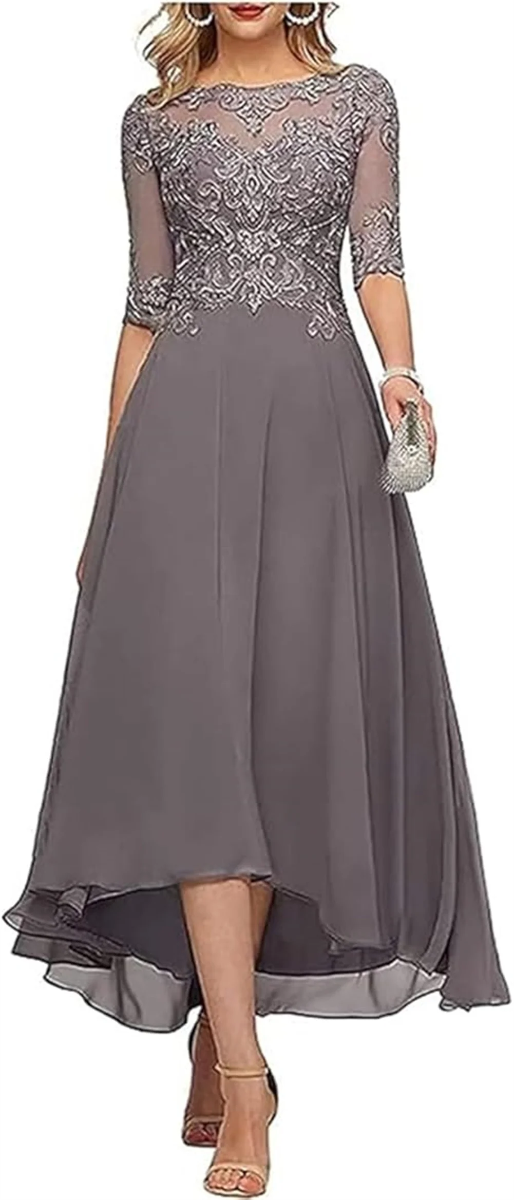 Lace Appliques Chiffon Mother Of The Bride Dresses For Wedding 3/4 Sleeves Tea Length Beaded Formal Evening Prom Dress For Women