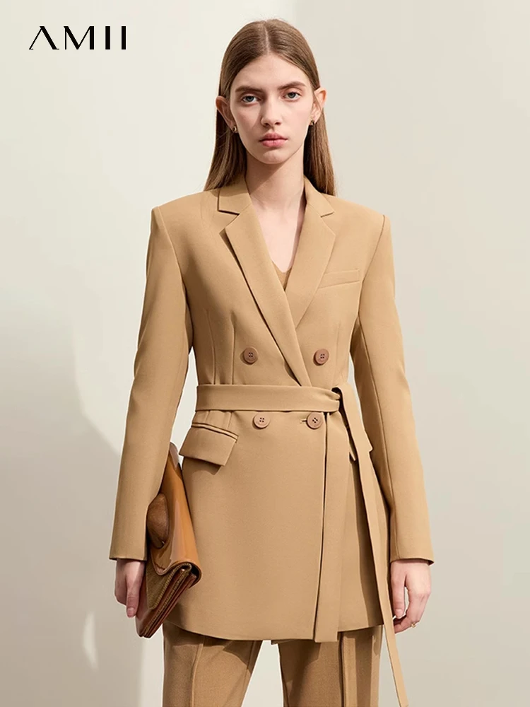 AMII Minimalism Sun Protection Blazers For Women 2024 Spring New Commuter Waisted Slim Belt Double-breasted Coat Lady 12441157