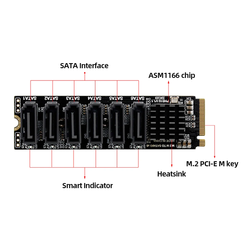 M2 M-EKY PCIE3.0 에서 SATA6G 도킹 확장 카드, 6 포트 어댑터 카드, 하드 디스크 지지대 SATA용 변속기 속도 16000 MB/s