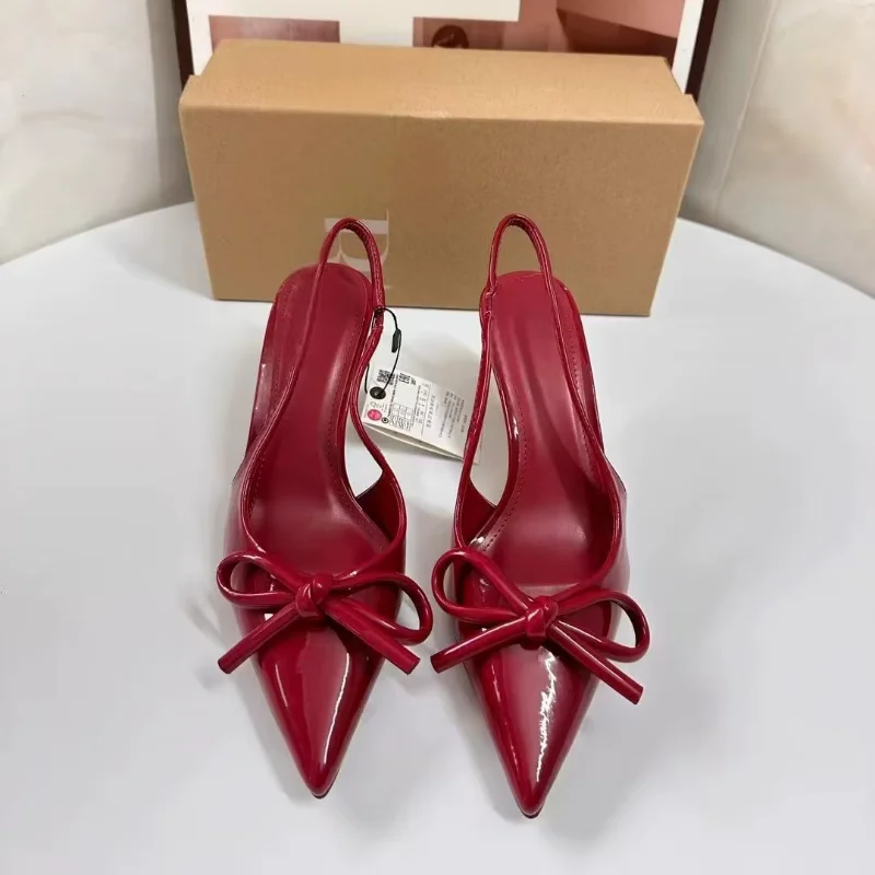 Red bow slingback women high heels pointed toe patent leather autumn