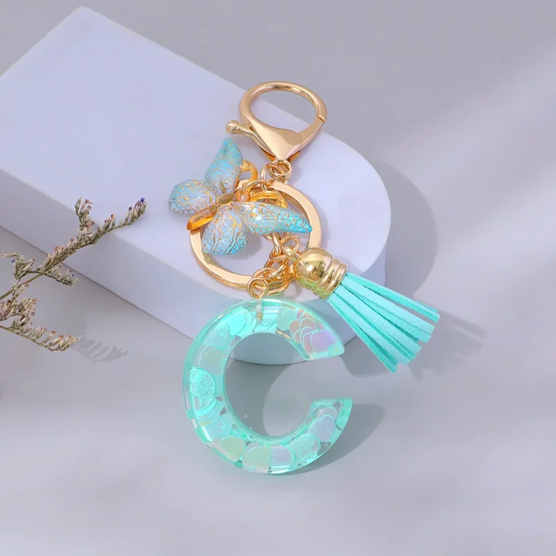Glitter Letter A To M Keychain Fashion Green Heart Alphabet Butterfly Tassel Pendant Bag Keyring Women Gift Accessories