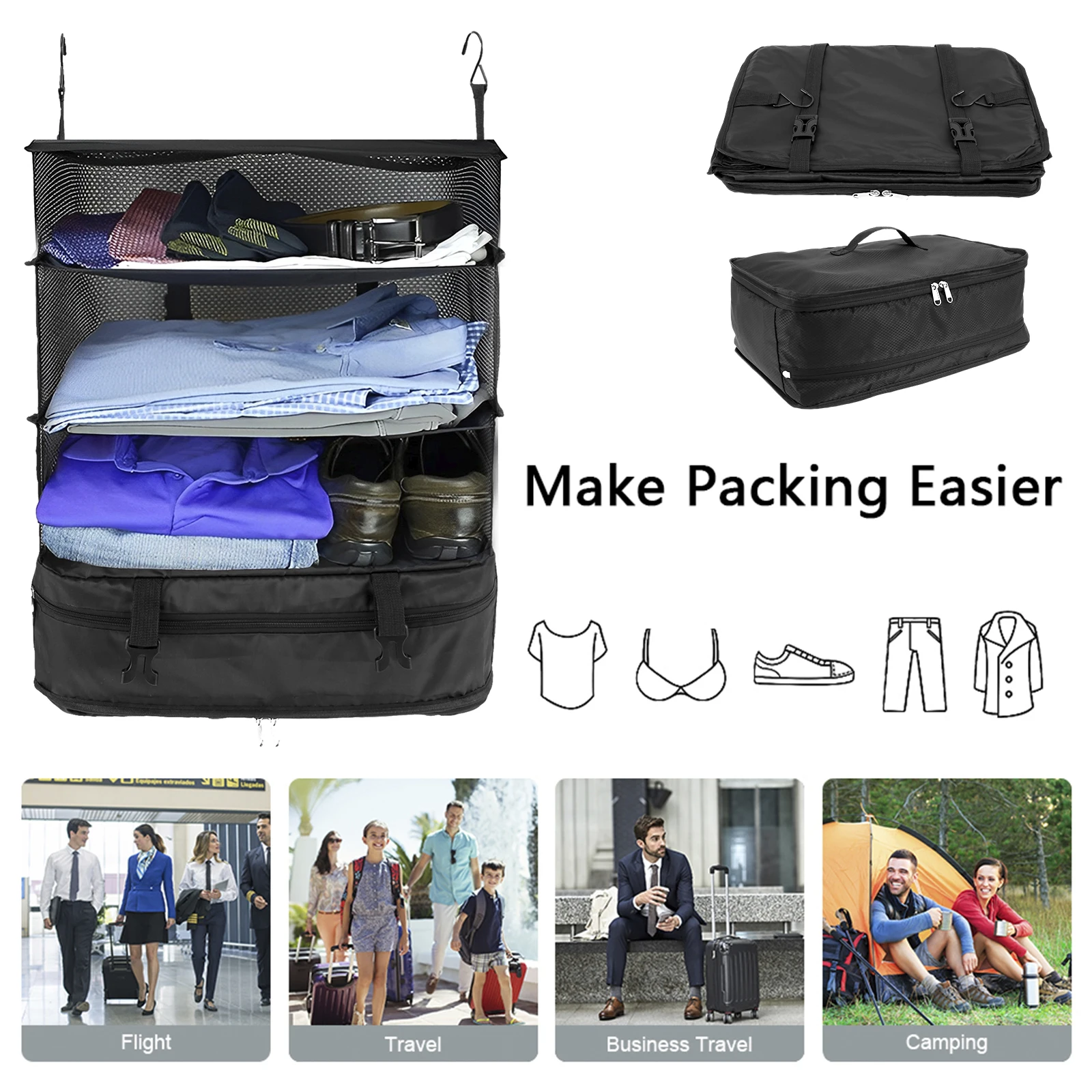 Organizador de equipaje de viaje portátil, bolsa de estantes de viaje,  Maleta de 3 estantes, Cubo de embalaje plegable, bolsa de almacenamiento de  armario colgante, espacio - AliExpress