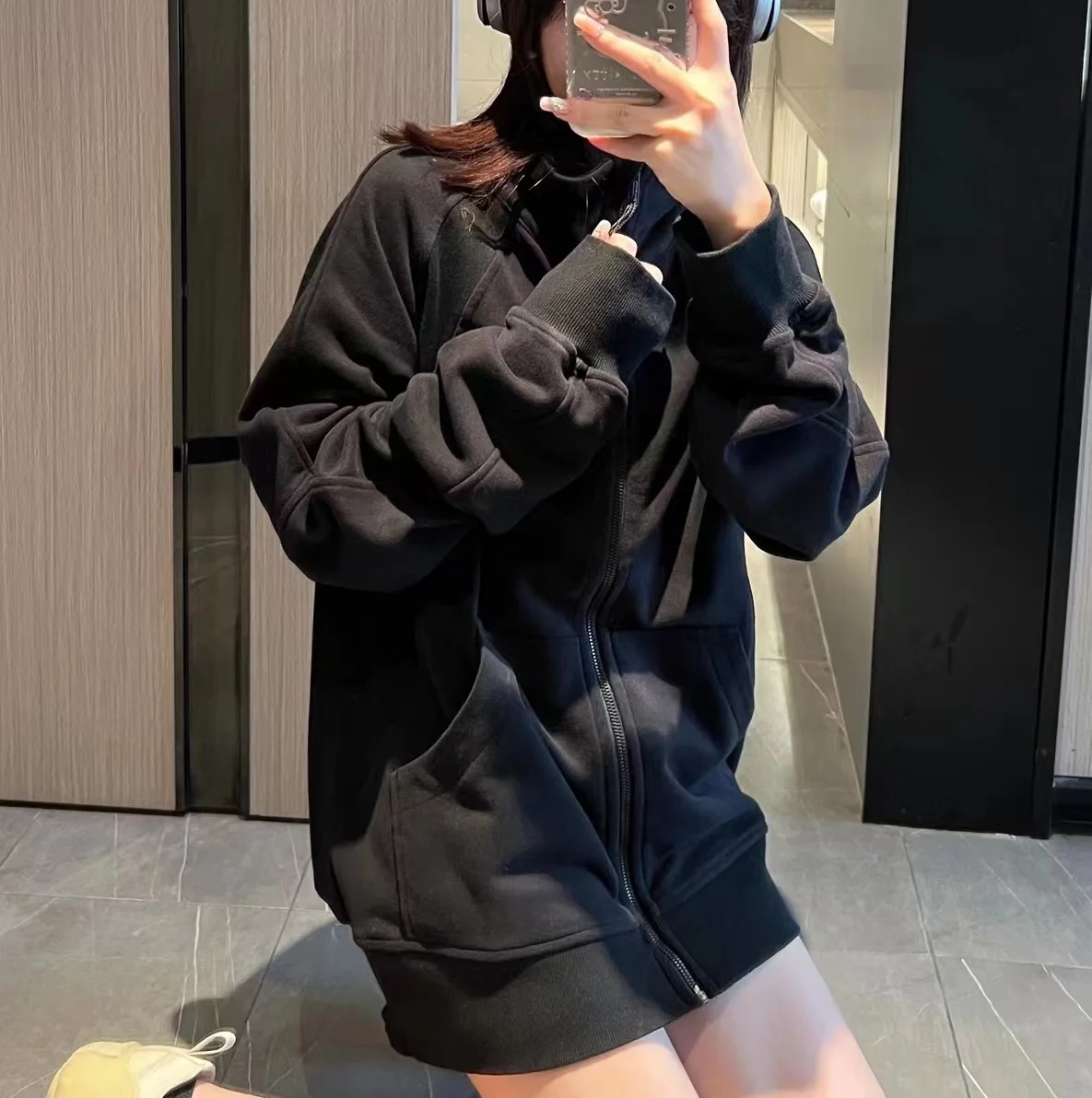 

Embroidered Lulu Scuba Oversized Long Full -Zip Hoodie Warmth Running Jacket Without Fleece Sport Casual Waist Length Sweatshirt