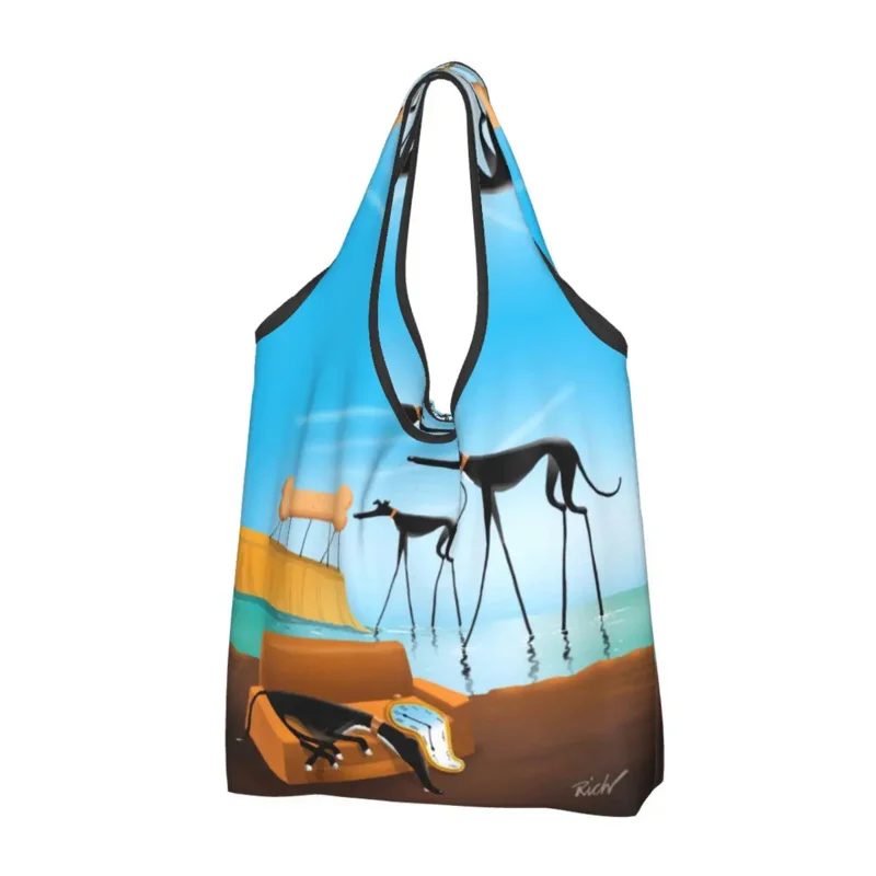 Fashion Salvador Dali Funny Greyhound Lurcher Shopping Tote Portable Whippet Sighthound Dog Groceries Shoulder Shopper Bag