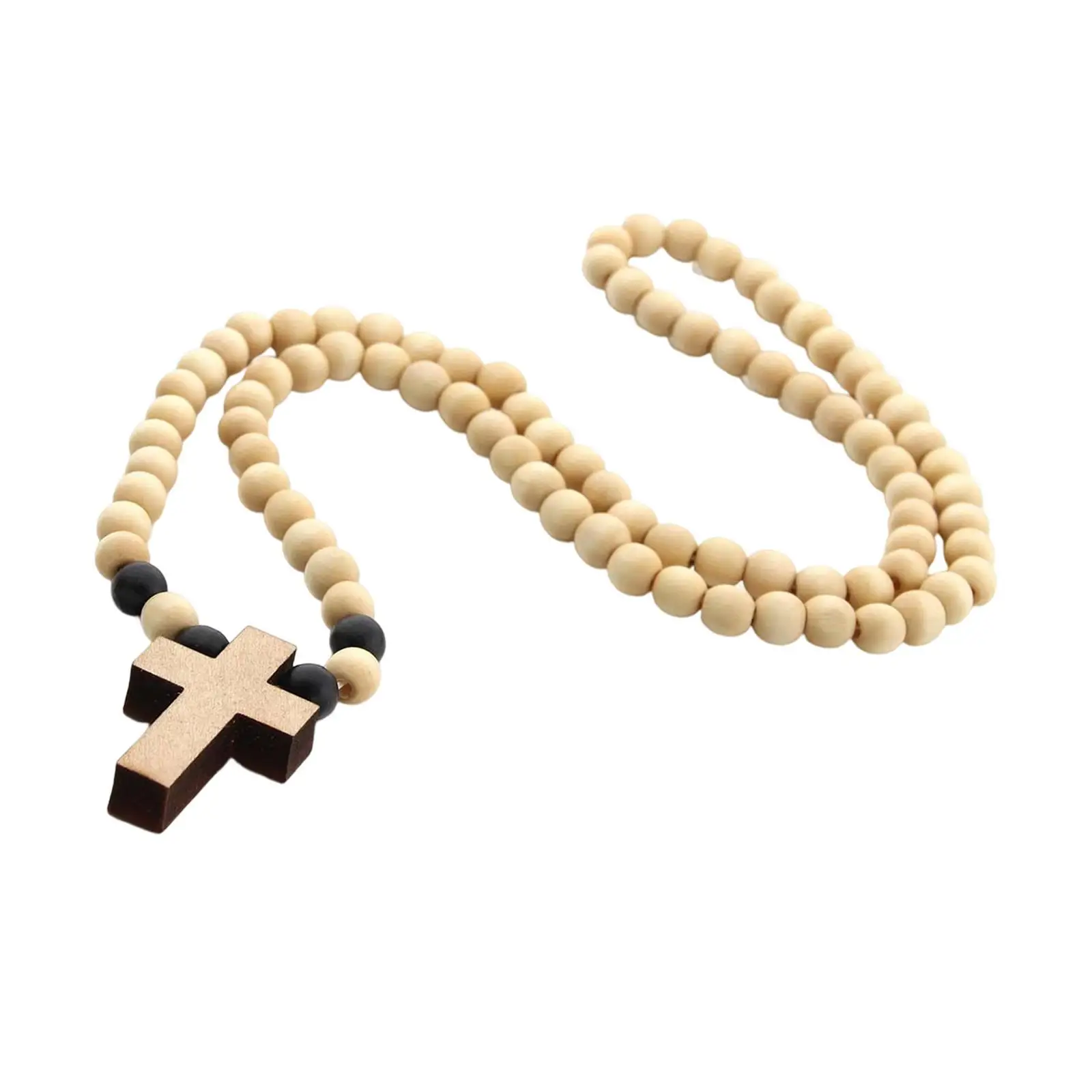 Wood Cross Pendant Necklace Chunky Beaded Chain Rosary Style Accessory for Men Women Church Events