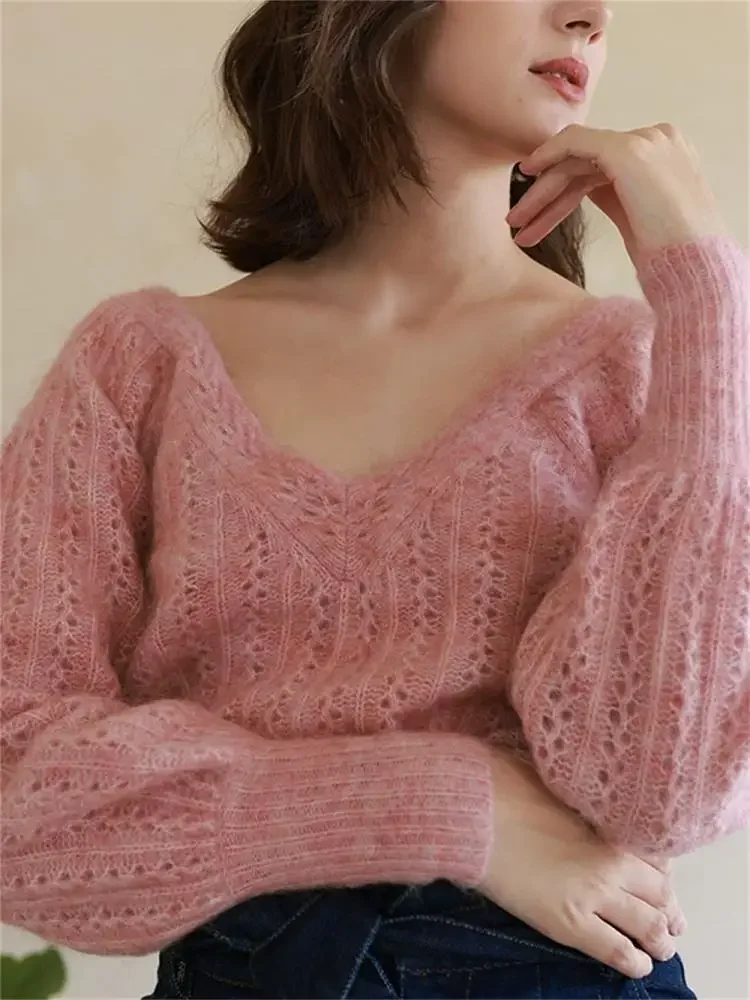 

Women Sweet Sweater Jacquard Hollowed Out Soft Autumn V-Neck Long Sleeve Knitted Pullover Tops