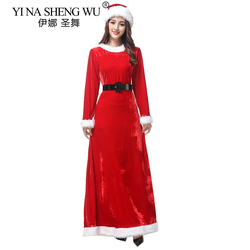 

Deluxe Women Adults Christmas Velvet Dress Miss Santa Claus XMAS Costume Outfit Cosplay Red Long Dresses Long Sleeve Outfit Gift