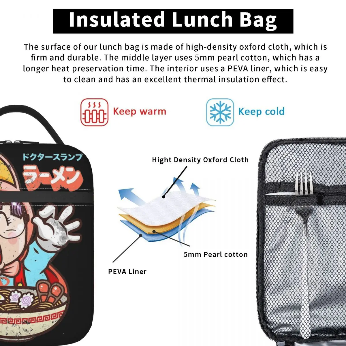 Arale Noodle Ramen Dr Slump Insulated Lunch Bag Portable Meal Container Cooler Bag Tote Lunch Box Office Picnic Food Handbags