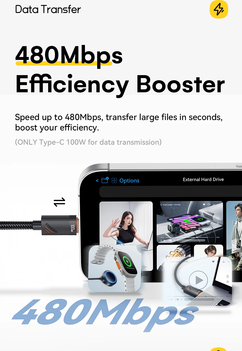 Essager 100 W Typ C auf Typ C Kabel PD Schnellladung für iPhone Huawei Laptop Tablet 2 in 1 Typ C auf Lightning Ladekabel – Detail 15
