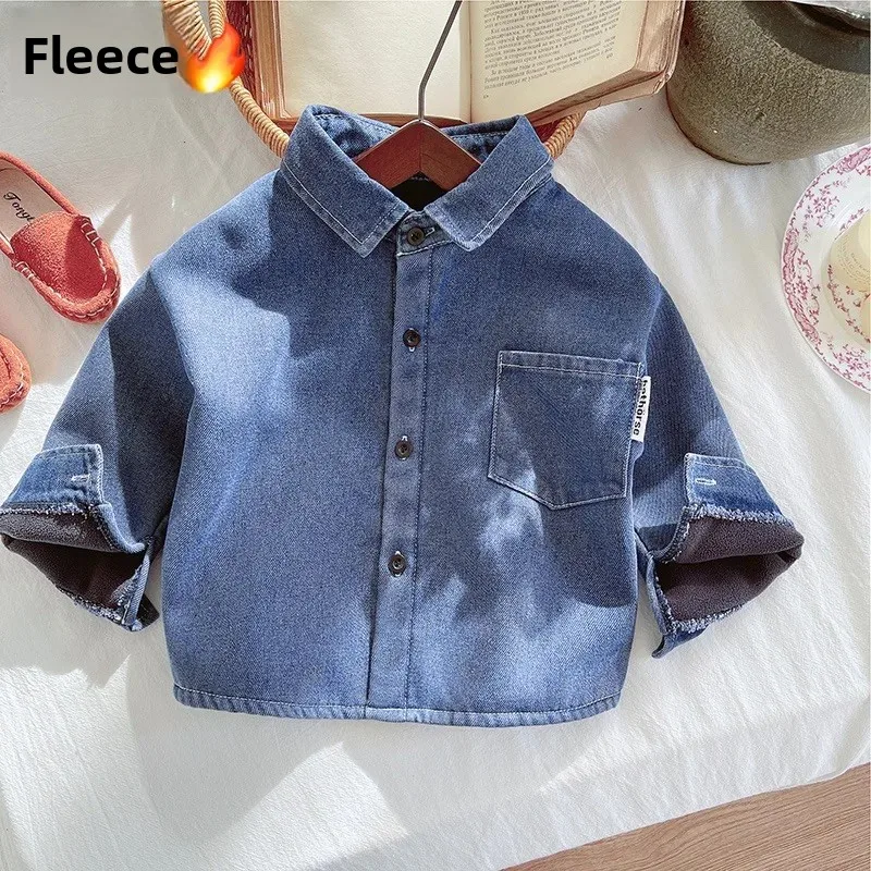 Thickened Fleece Lined Denim Shirt Jacket for Boys Autumn Winter Clothes Outerwear for Baby Boys Stylish And Handsome