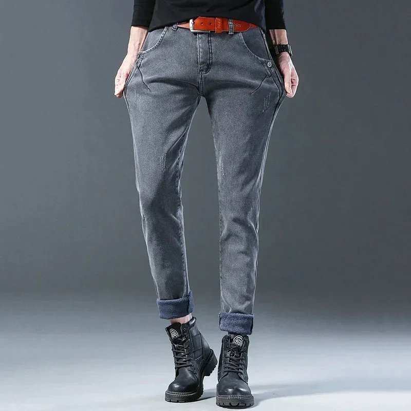 Men Classic Slim Fit Streetwear Jeans Winter Thermal Fashion Narrow Leg Denim Trousers Snow Warm Plush Gray Casual Pants Male 4