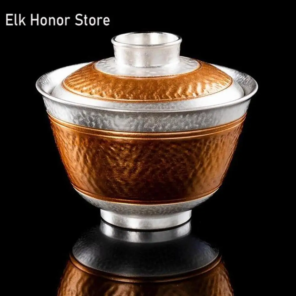 

190ml High-end Copper Gilded Silver Ceramic Gaiwan Zen Hand Grasped Bowl Bamboo Weaving Tea Tureen Tea Maker Cover Bowl Gift Box
