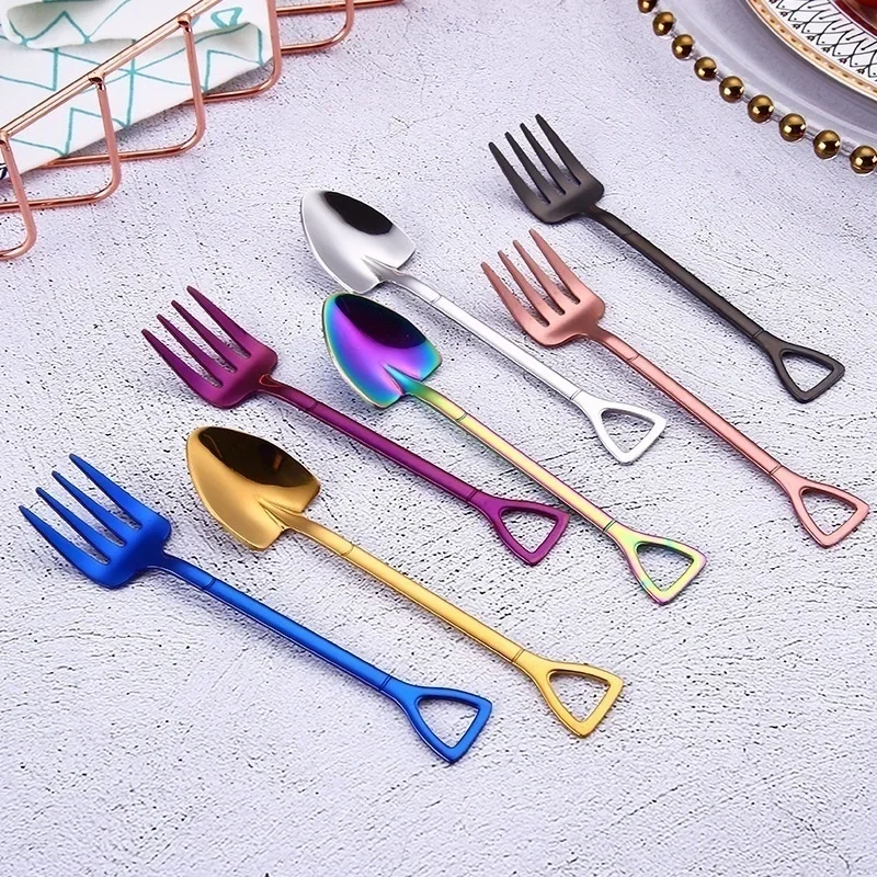 

New Creative Dessert Spoon Stainless Steel Coffee Stirring Spoon Shovel Fork Fruit Fork Rose Gold Stainless Steel Fruits Fork
