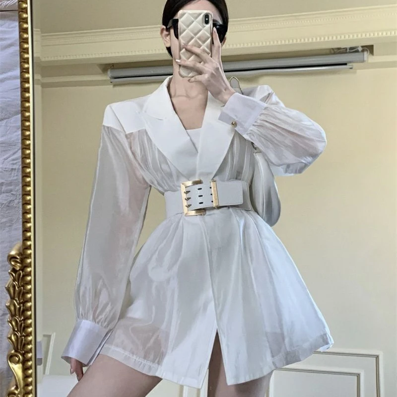 Spring Summer Mesh Spliced White Blazers Women Korean Fashion Loose Long Sleeve Thin Long Tailored Coats with Belt 2023 New