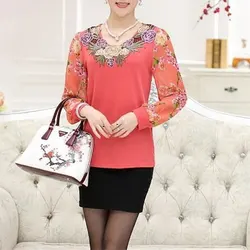 Vintage Floral Embroidered Long Sleeve Blouse - Women's Casual Spring/Autumn O - Neck Shirt - XXXL (Orange)