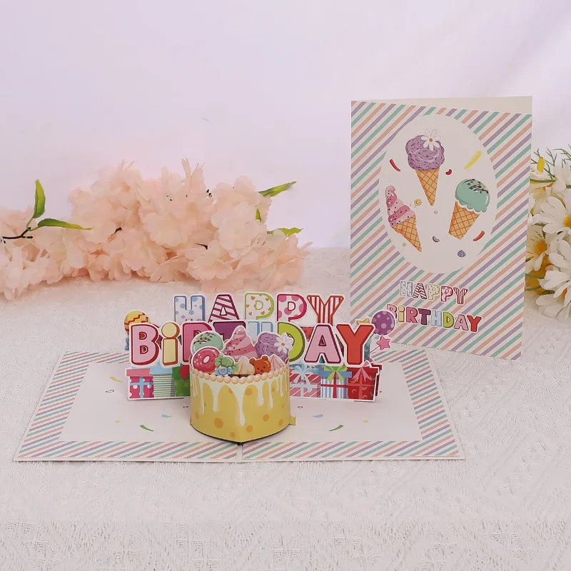 1 pcs Pop up style American ice cream Happy Birthday greeting card children's cartoon postcard cute 3D pop-up food cake gift