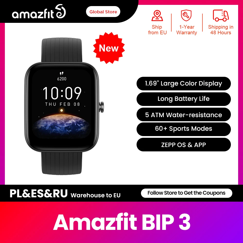 

Смарт-часы Amazfit Bip 3, экран 1,69 дюйма, 60 режимов, водостойкие
