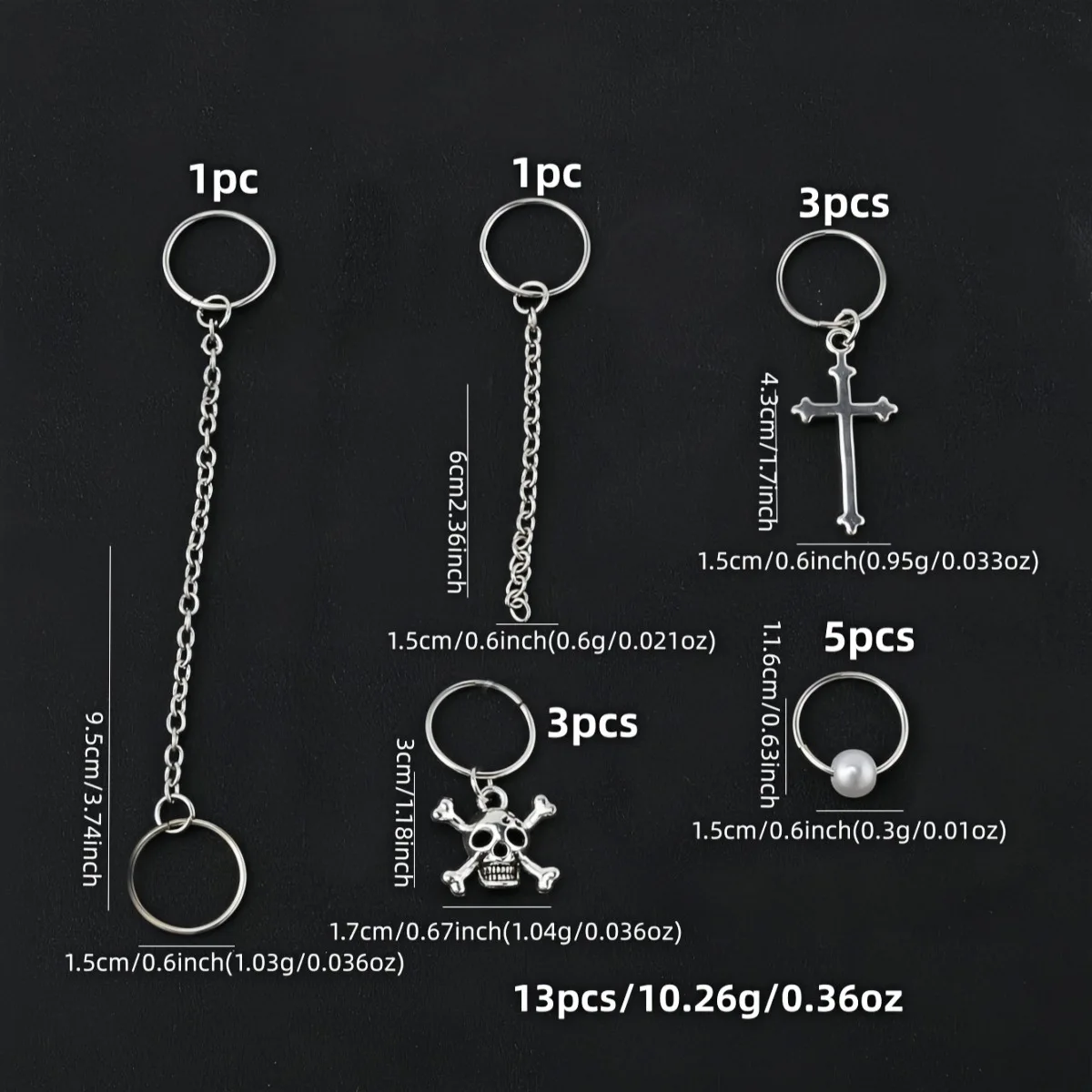 13개/가방 합금 십자가 펜던트, 드레드락 헤어 링용 멋지고 트렌디한 십자가 참, DIY 헤어 액세서리