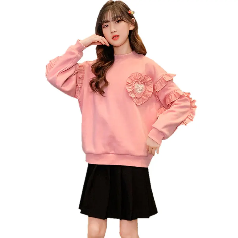 

Autumn Kids Clothes Girls Cute Ruched Pattern Long Sleeve Sweatshirt Fashion Children Outerwear Spring Cotton Korean Tops 5-14Y