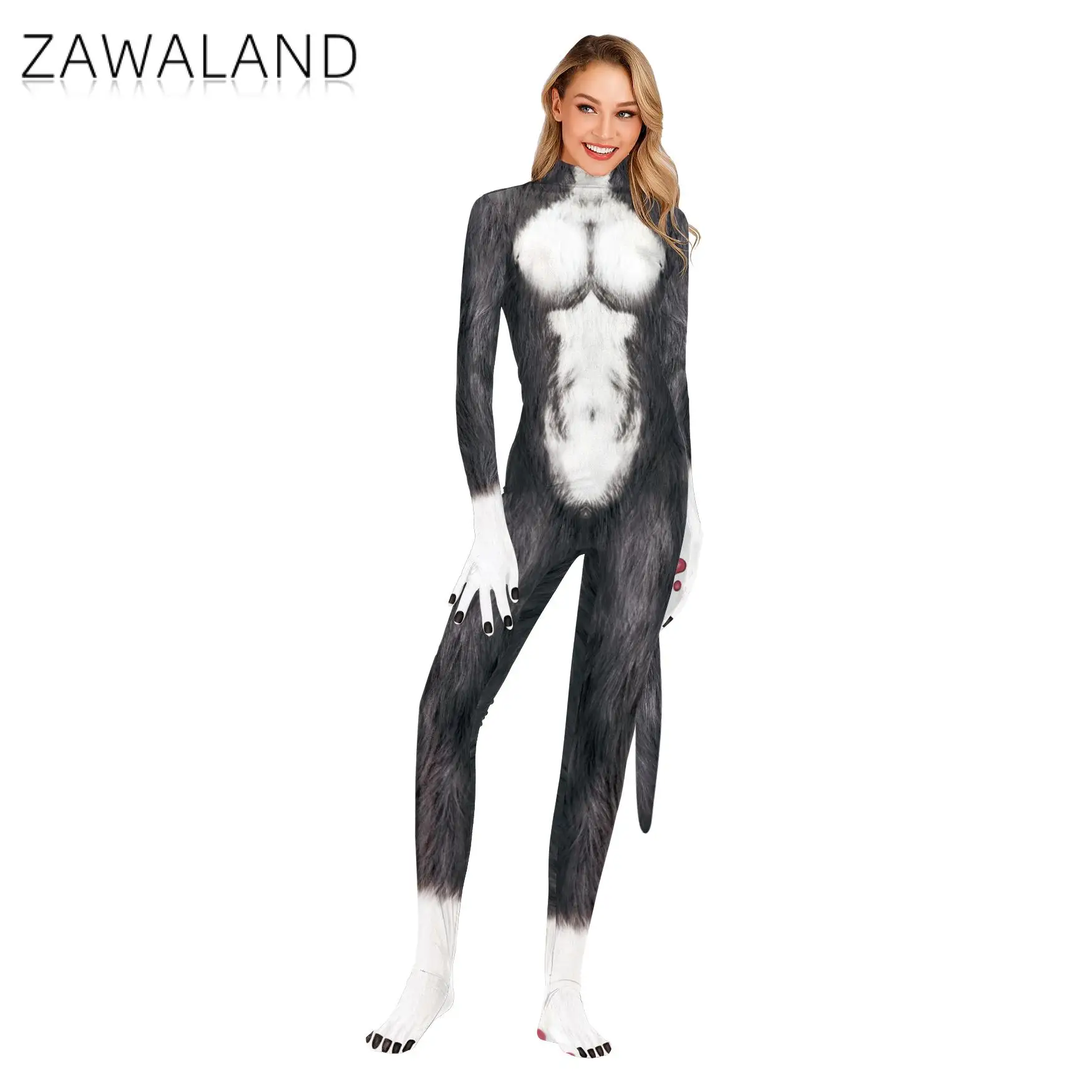 Zawaland Animal Catsuit Couple Snow Wolf Costume Tail Crotch Zipper Halloween Party Cosplay Outfit Disguise Zentai Bodysuit