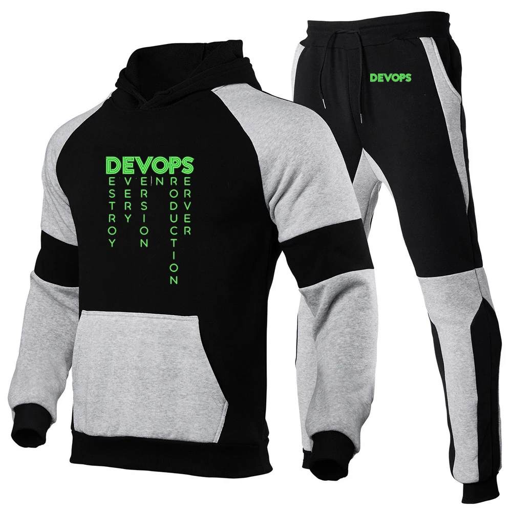DEVOPS - The real definition of DEVOPS Men's New Patchwork Tracksuit Hoodie Pullover +Pants Casual Comfortable Two Pieces Suit
