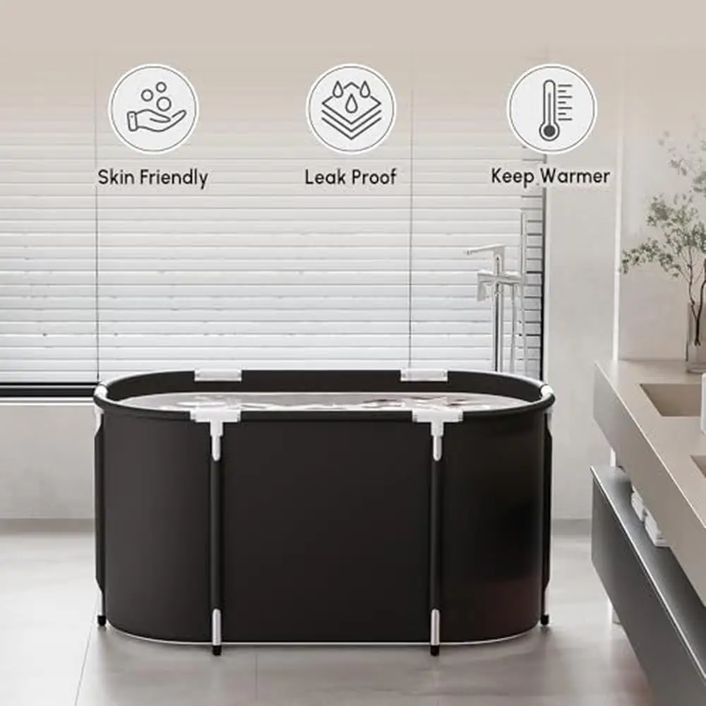Portable Collapsible Bathtub Aluminum Alloy Large Space with Double Drain Black Easy Install Foldable Adults Soaking Tub Storage 3